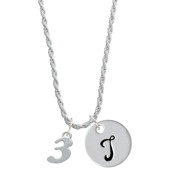 Delight Jewelry Silvertone Number - 3 - Silvertone Script Initial Disc - T - Charm Necklace, 20"+3"