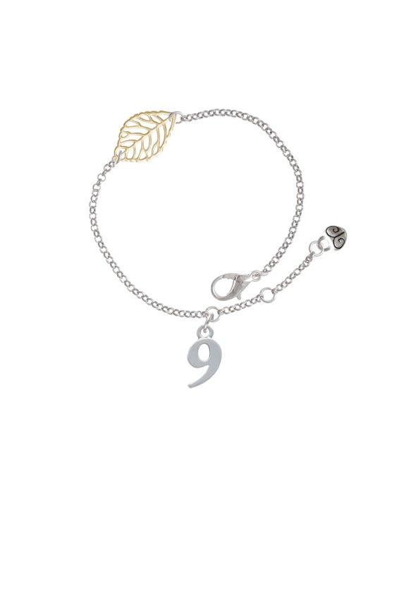 Silvertone Number - 9 - - Goldtone Leaf Delicate Bracelet, 6.25+1.75"