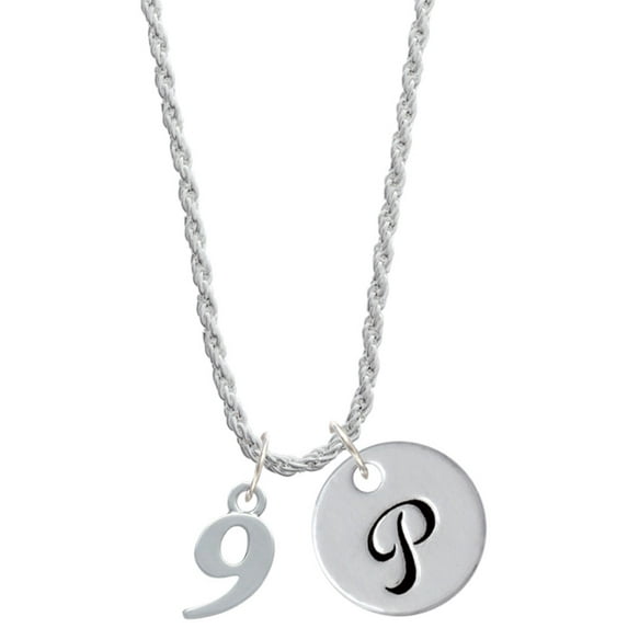 Delight Jewelry Silvertone Number - 9 - Silvertone Script Initial Disc - P - Charm Necklace, 20"+3"