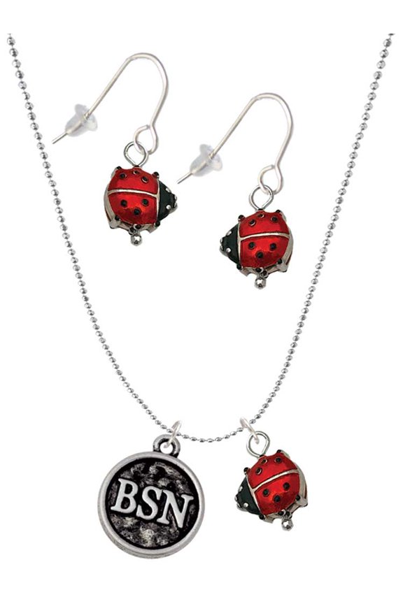 Silvertone Nurse Caduceus Seal - BSN Red Lucky Ladybug Necklace and Dangle Earrings Set