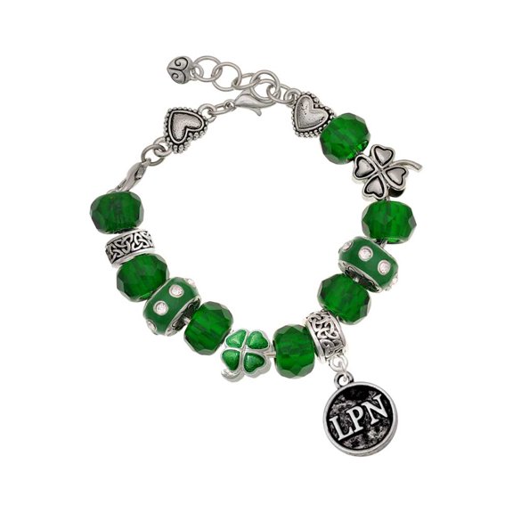 Delight Jewelry Silvertone Nurse Caduceus Seal - LPN - Green Irish Luck Bead Charm Bracelet, 7.5"