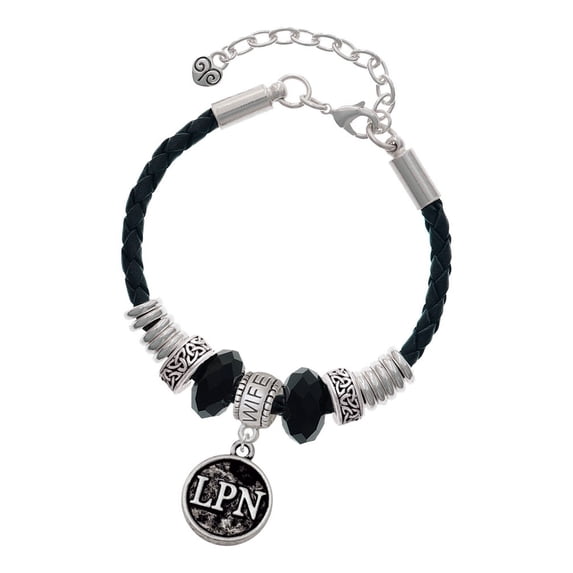 Delight Jewelry Silvertone Nurse Caduceus Seal - LPN Wife Celtic Knot Leather Bead Bracelet, 7"+2" Extender