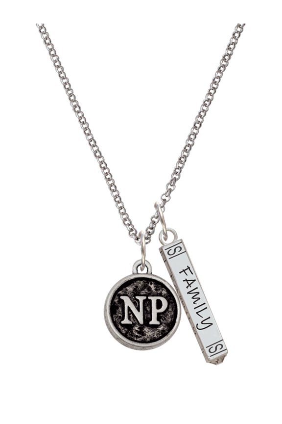 Silvertone Nurse Caduceus Seal - NP Silvertone Family Bar Charm Necklace, 23"