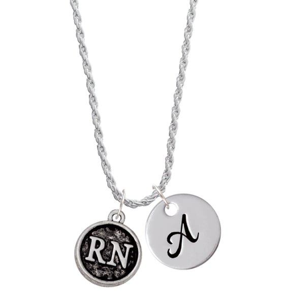 Delight Jewelry Silvertone Nurse Caduceus Seal - RN Silvertone Script Initial Disc - A - Charm Necklace, 20"+3"