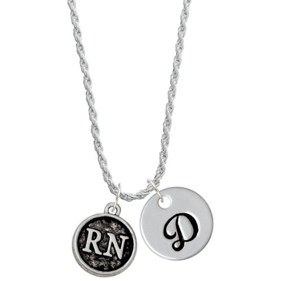 Delight Jewelry Silvertone Nurse Caduceus Seal - RN Silvertone Script Initial Disc - D - Charm Necklace, 20"+3"
