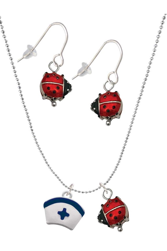 Silvertone Nurse Hat with Blue Cross Red Lucky Ladybug Necklace and Dangle Earrings Set