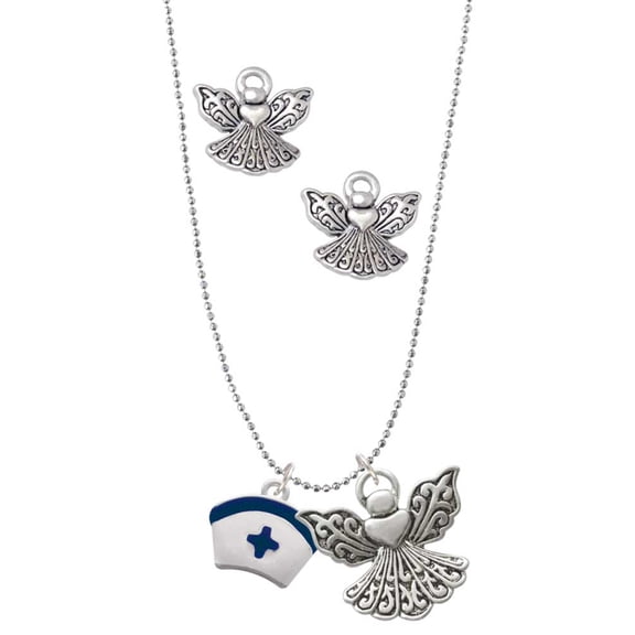 Delight Jewelry Silvertone Nurse Hat with Blue Cross Silver tone Guardian Angel Charm Necklace and Stud Earrings