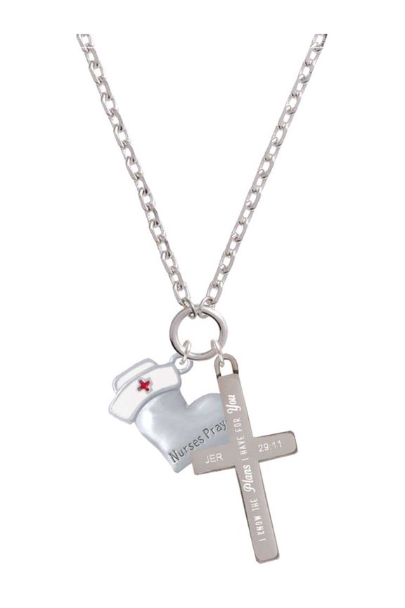 Silvertone Nurse's Prayer Heart - Healing Hand I Have Plans for You Engraved Cross Zoey Necklace, 28"