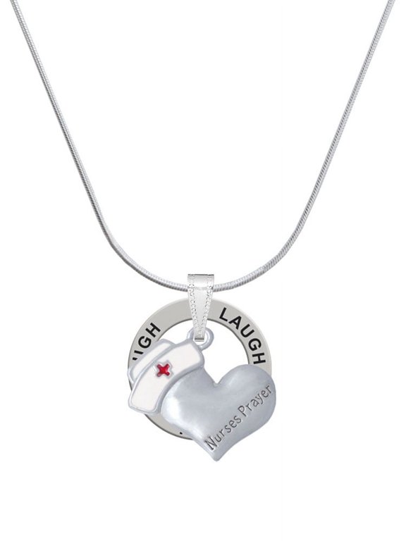 Silvertone Nurse's Prayer Heart - Healing Hand Laugh Ring Charm Necklace, 18"