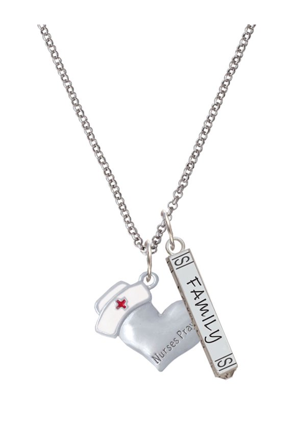 Silvertone Nurse's Prayer Heart - Healing Hand Silvertone Family Bar Charm Necklace, 23"