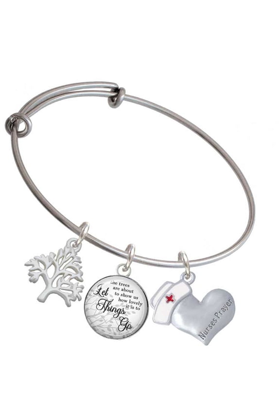 Silvertone Nurse's Prayer Heart - Healing Hand Silvertone Let Things Go Tree Charm Bangle Bracelet