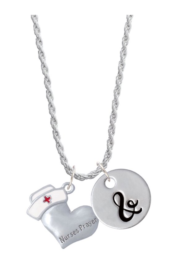 Silvertone Nurse's Prayer Heart - Healing Hand Silvertone Script Initial Disc - & - Charm Necklace, 20"+3"