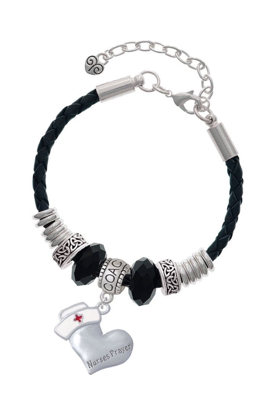 Silvertone Nurse's Prayer Heart - Lord Guide Coach Celtic Knot Leather Bead Bracelet, 7"+2" Extender