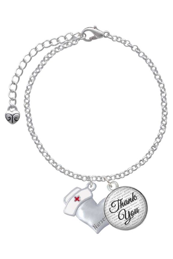 Silvertone Nurse's Prayer Heart - Lord Guide - Domed Thank You Charm Bracelet, 6"+2"