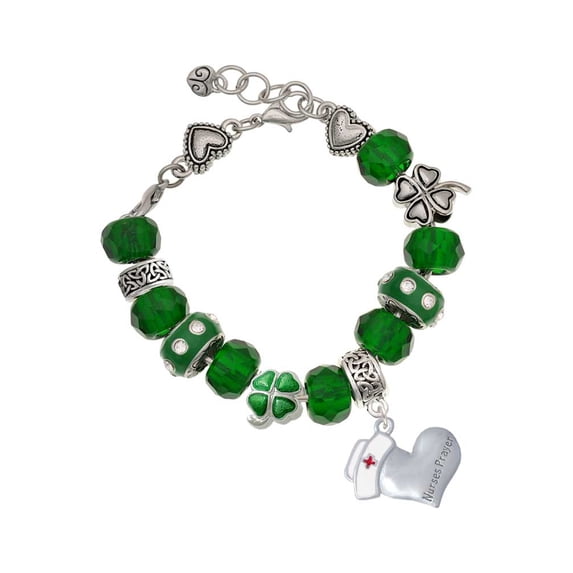 Delight Jewelry Silvertone Nurse's Prayer Heart - Lord Guide - Green Irish Luck Bead Charm Bracelet, 7.5"