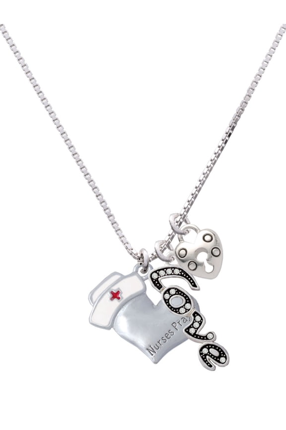 Silvertone Nurse's Prayer Heart - Lord Guide - Love and Lock Charm Necklace, 18"+1"