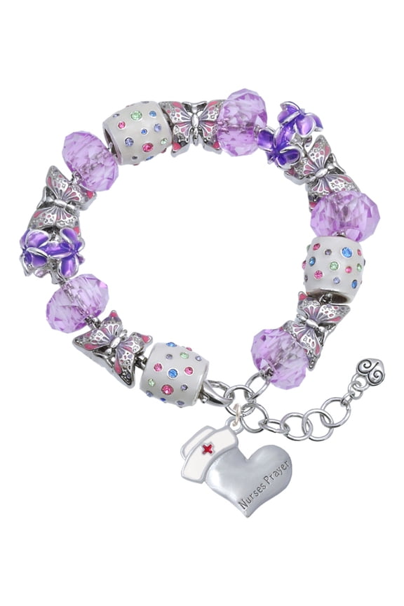 Silvertone Nurse's Prayer Heart - Lord Guide Purple Butterfly Bead Charm Bracelet, 7"+1" Extender