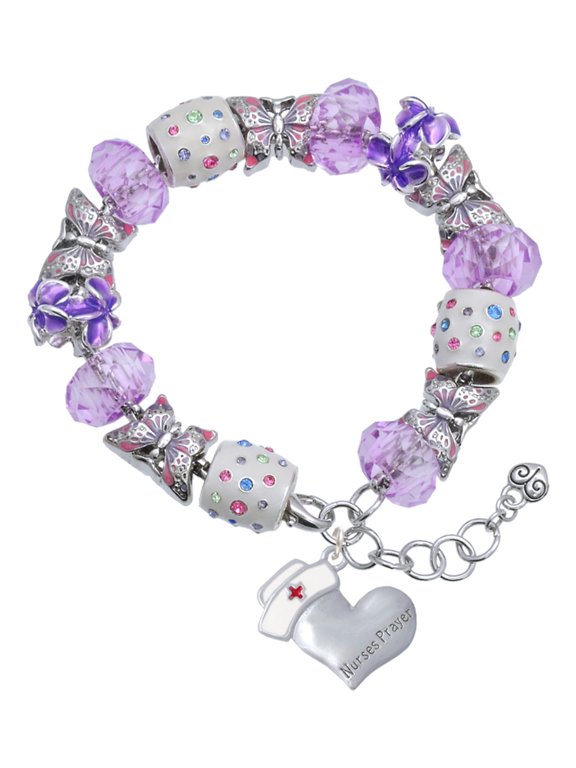 Silvertone Nurse's Prayer Heart - Lord Guide Purple Butterfly Bead Charm Bracelet, 7"+1" Extender