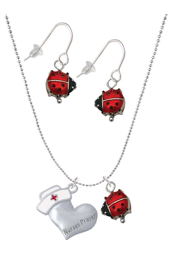 Silvertone Nurse's Prayer Heart - Lord Guide Red Lucky Ladybug Necklace and Dangle Earrings Set