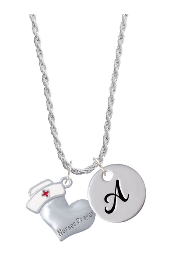 Silvertone Nurse's Prayer Heart - Lord Guide Silvertone Script Initial Disc - A - Charm Necklace, 20"+3"