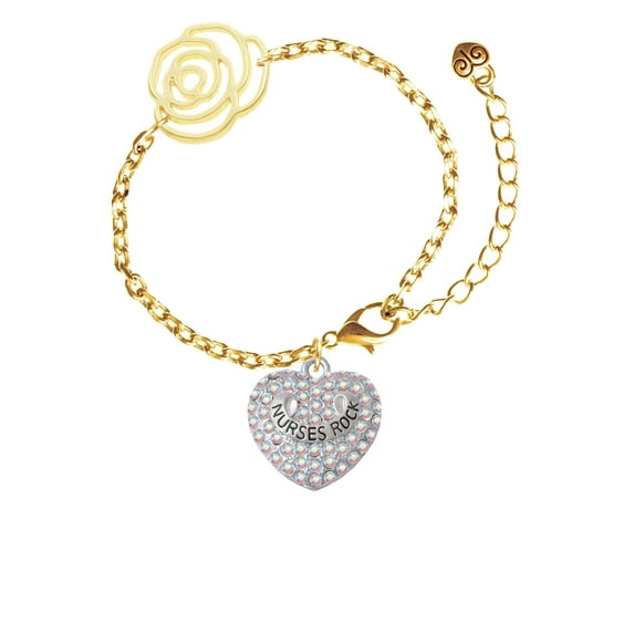Delight Jewelry Silvertone Nurses Rock on AB Crystal Heart Gold-tone Flower Link Chain Bracelet, 6.75"+2" Extender