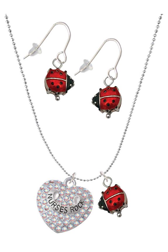 Silvertone Nurses Rock on AB Crystal Heart Red Lucky Ladybug Necklace and Dangle Earrings Set