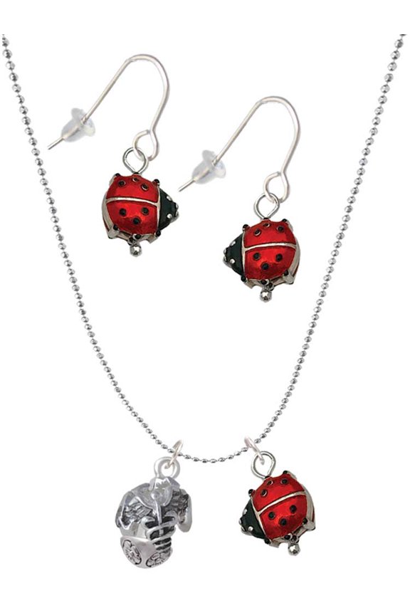 Silvertone Nursing Medley - Nurse Hat, Chart, Caduceus Spinner Red Lucky Ladybug Necklace and Dangle Earrings Set