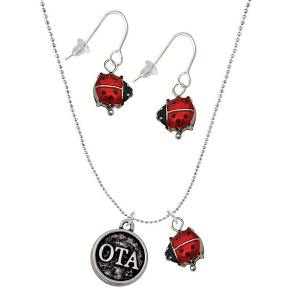Delight Jewelry Silvertone Occupational Therapist Caduceus Seal - OTA Red Lucky Ladybug Necklace and Dangle Earrings Set