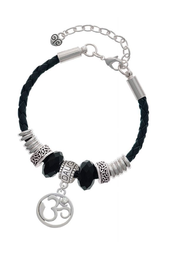 Silvertone Om in Circle with Clear Crystal Daughter Celtic Knot Leather Bead Bracelet, 7"+2" Extender