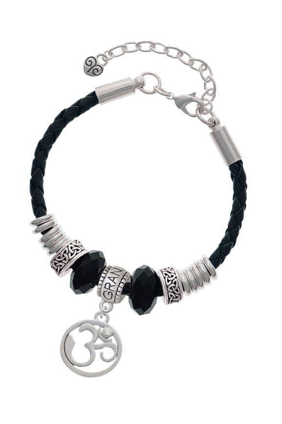 Silvertone Om in Circle with Clear Crystal Grandmother Celtic Knot Leather Bead Bracelet, 7"+2" Extender