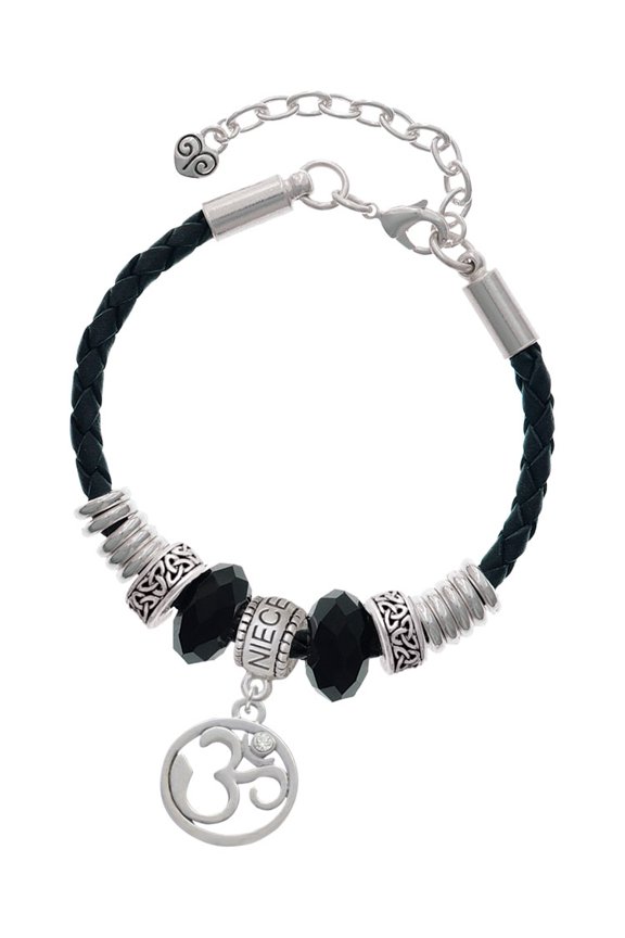 Silvertone Om in Circle with Clear Crystal Niece Celtic Knot Leather Bead Bracelet, 7"+2" Extender