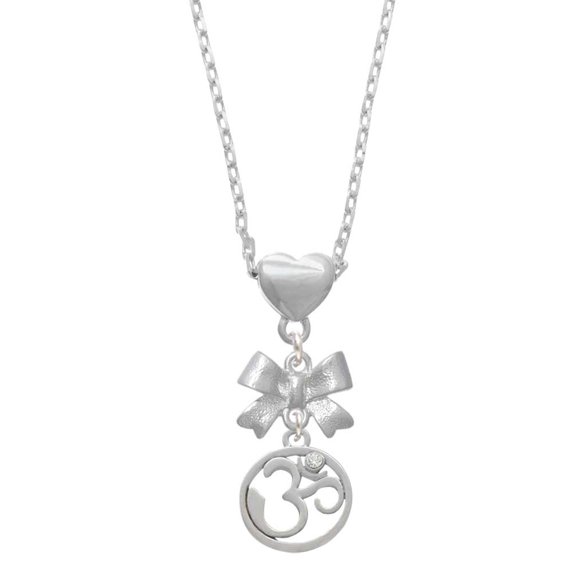 Delight Jewelry Silvertone Om in Circle with Clear Crystal Silver tone Bow Heart Necklace
