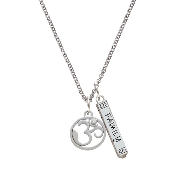 Delight Jewelry Silvertone Om in Circle with Clear Crystal Silvertone Family Bar Charm Necklace, 23"