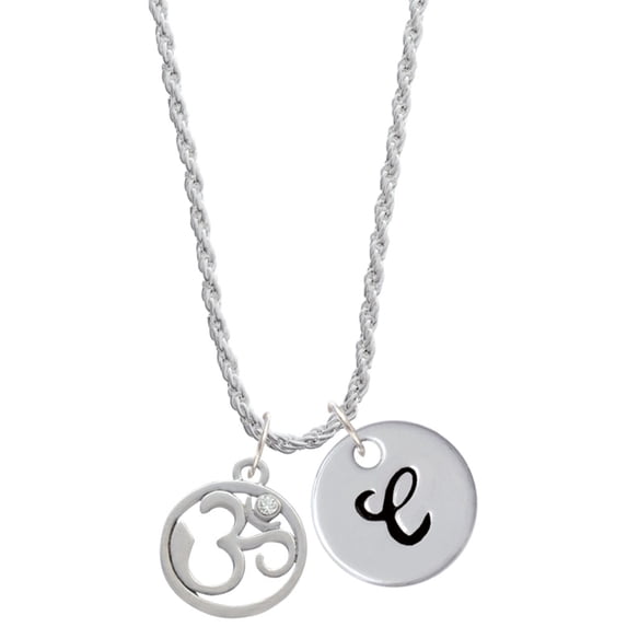 Delight Jewelry Silvertone Om in Circle with Clear Crystal Silvertone Script Initial Disc - C - Charm Necklace, 20"+3"