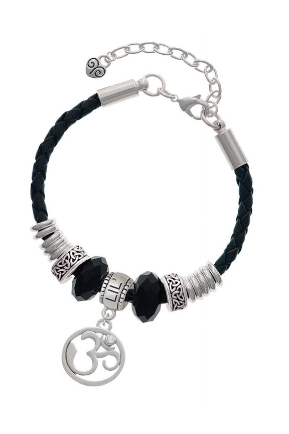 Silvertone Om in Circle with Clear Crystal Sister Celtic Knot Leather Bead Bracelet, 7"+2" Extender