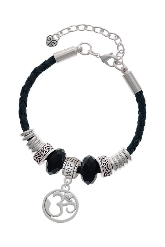 Silvertone Om in Circle with Clear Crystal Wife Celtic Knot Leather Bead Bracelet, 7"+2" Extender