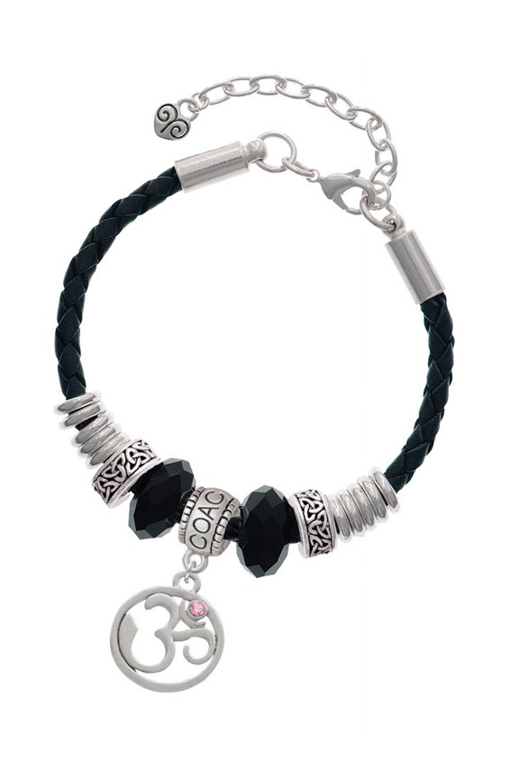 Silvertone Om in Circle with Pink Crystal Coach Celtic Knot Leather Bead Bracelet, 7"+2" Extender