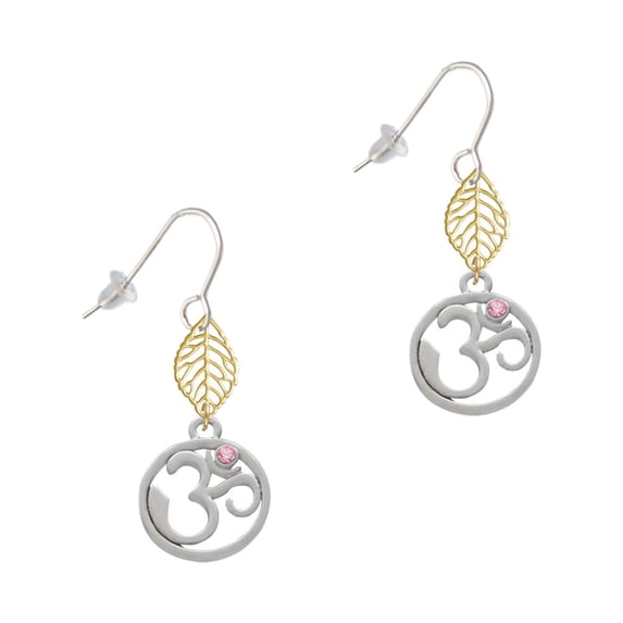 Delight Jewelry Silvertone Om in Circle with Pink Crystal Goldtone Leaf French Earrings