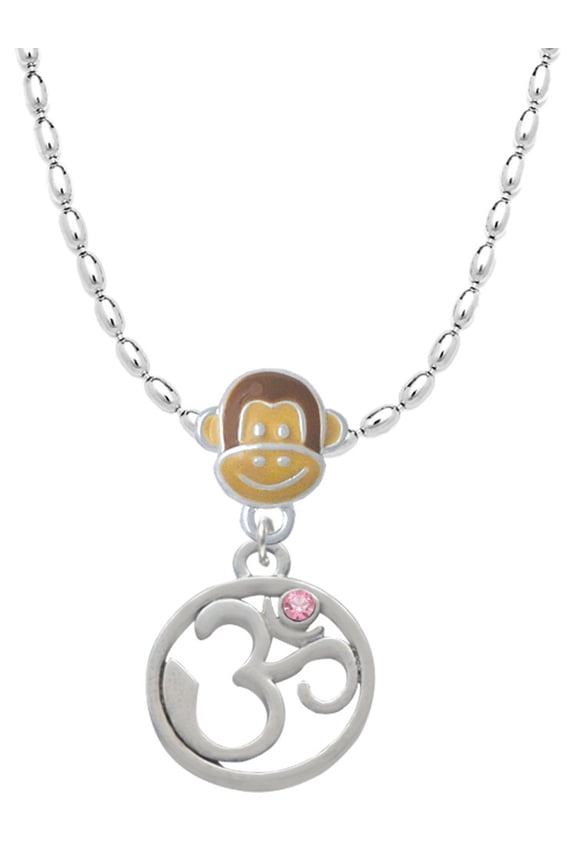 Silvertone Om in Circle with Pink Crystal Mia Monkey Charm Necklace