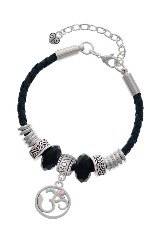Silvertone Om in Circle with Pink Crystal Mom Celtic Knot Leather Bead Bracelet, 7"+2" Extender