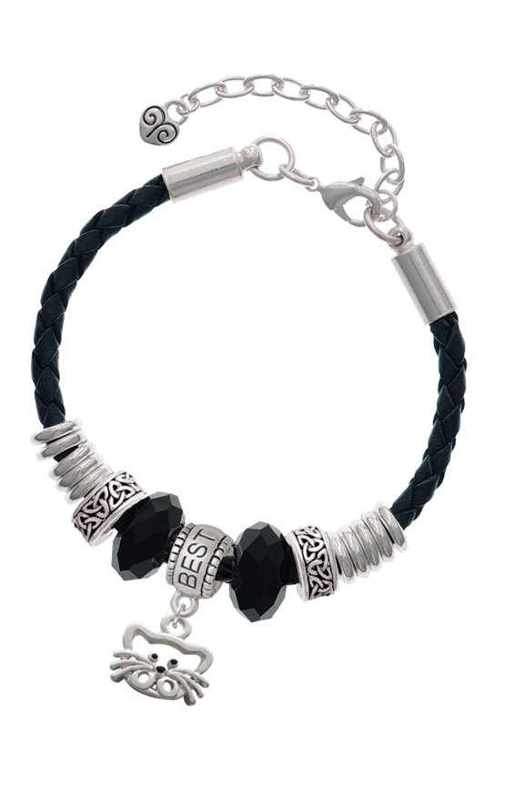 Silvertone Open Cat Face Best Friend Celtic Knot Leather Bead Bracelet, 7"+2" Extender