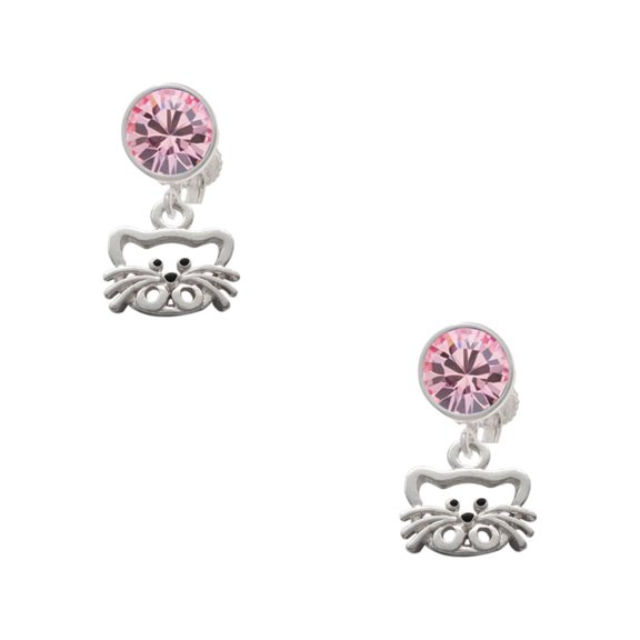 Delight Jewelry Silvertone Open Cat Face Pink Crystal Clip on Earrings
