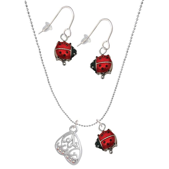 Delight Jewelry Silvertone Open Clear AB Crystal Butterfly Wing Red Lucky Ladybug Necklace and Dangle Earrings Set
