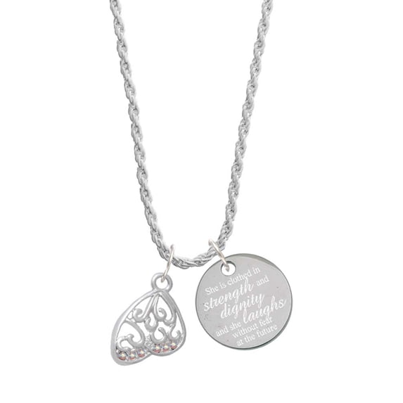 Delight Jewelry Silvertone Open Clear AB Crystal Butterfly Wing She is Clothed in Stength and Dignity Charm Necklace, 20"+3"