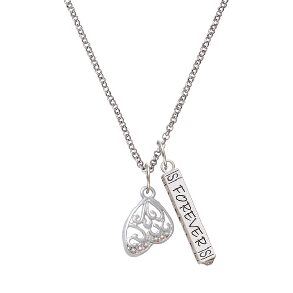 Delight Jewelry Silvertone Open Clear AB Crystal Butterfly Wing Silvertone Forever Bar Charm Necklace, 23"