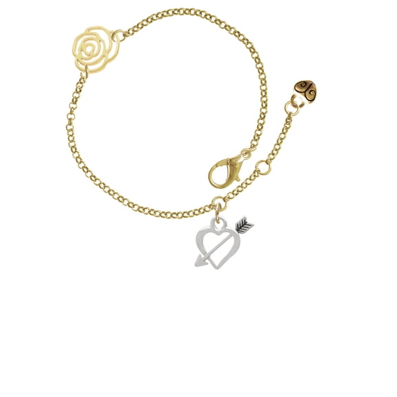 Delight Jewelry Silvertone Open Cupid's Heart Gold-tone Rose Link Chain Bracelet, 6.25"+1.75" Extender
