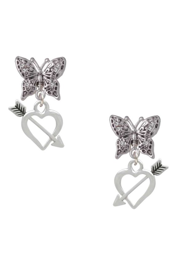 Silvertone Open Cupid's Heart Silvertone Antiqued Butterfly Post Earrings