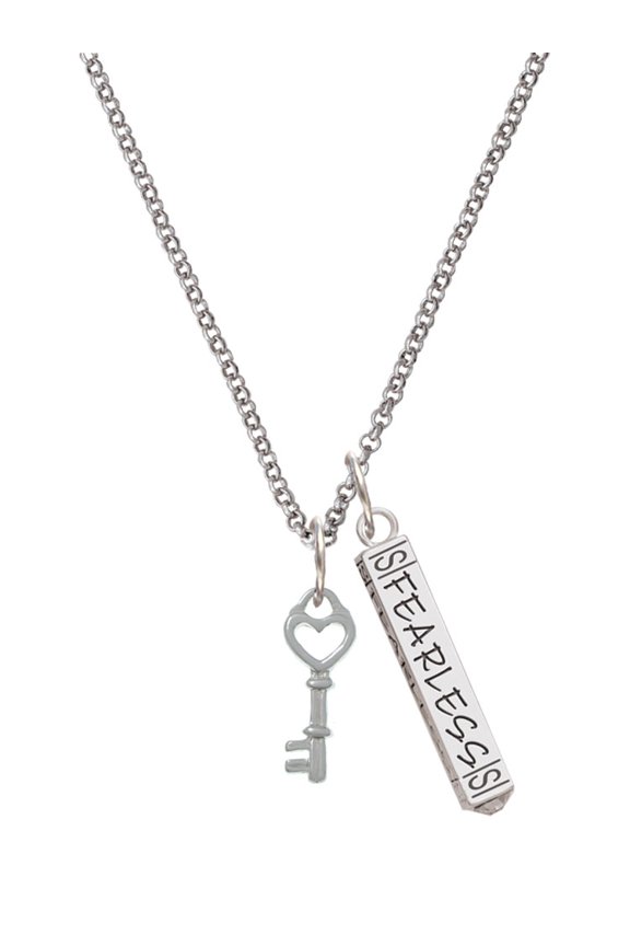 Silvertone Open Heart Key Silvertone Fearless Bar Charm Necklace, 23"