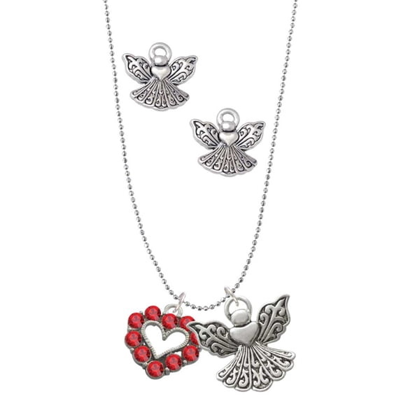 Delight Jewelry Silvertone Open Heart with Red Crystal Border Silver tone Guardian Angel Charm Necklace and Stud Earrings