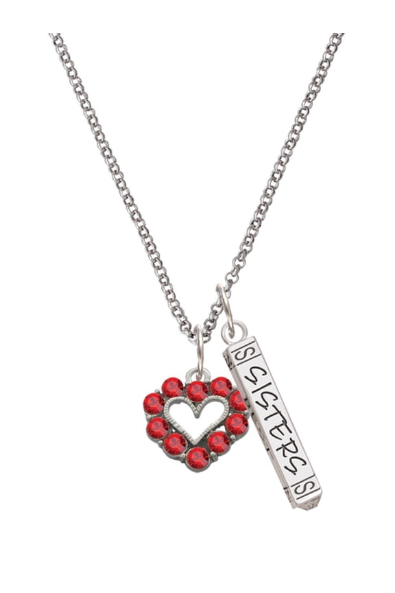 Silvertone Open Heart with Red Crystal Border Silvertone Sisters Best Friends Forever Bar Charm Necklace, 23"